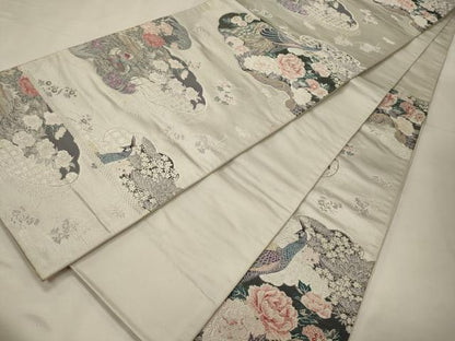平和屋着物◎六通柄袋帯　唐織　雲取孔雀絵　銀糸　正絹　逸品　CABC4168oy