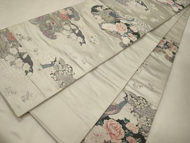 平和屋着物◎六通柄袋帯　唐織　雲取孔雀絵　銀糸　正絹　逸品　CABC4168oy