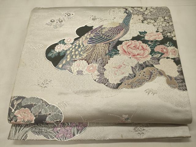 平和屋着物◎六通柄袋帯　唐織　雲取孔雀絵　銀糸　正絹　逸品　CABC4168oy