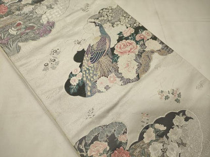 平和屋着物◎六通柄袋帯　唐織　雲取孔雀絵　銀糸　正絹　逸品　CABC4168oy