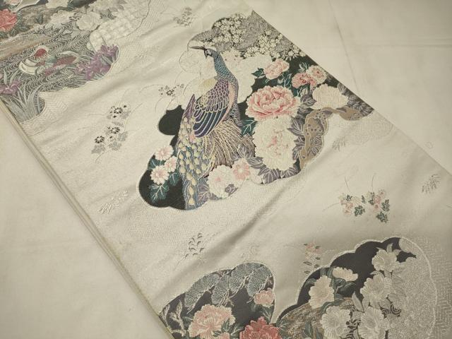平和屋着物◎六通柄袋帯　唐織　雲取孔雀絵　銀糸　正絹　逸品　CABC4168oy