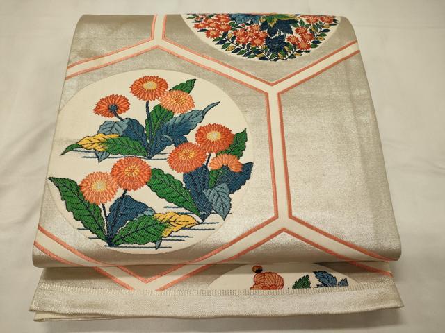 平和屋着物◎六通柄袋帯　唐織　亀甲草花丸文　正絹　逸品　CABC4178oy