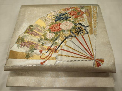 平和屋着物◎太鼓柄袋帯 唐織 桧扇花車文 藤花房 金銀糸 正絹 逸品 CABC4187oy
