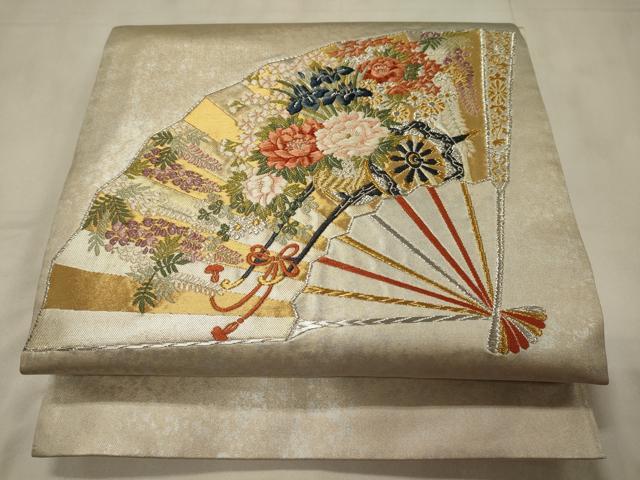 平和屋着物◎太鼓柄袋帯 唐織 桧扇花車文 藤花房 金銀糸 正絹 逸品 CABC4187oy