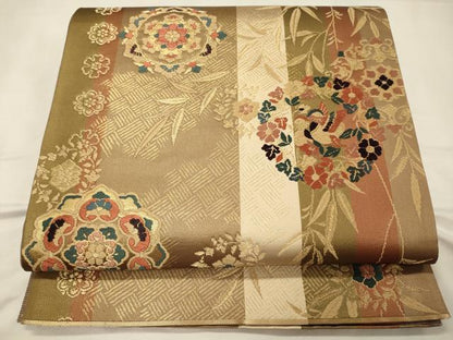 平和屋着物◎六通柄袋帯 唐織 鴛鴦正倉院花文 金糸 正絹 逸品 CABC4197oy