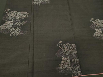 平和屋着物■上質な紬　風景文　黒地　正絹　逸品　未使用　CABC4215oy