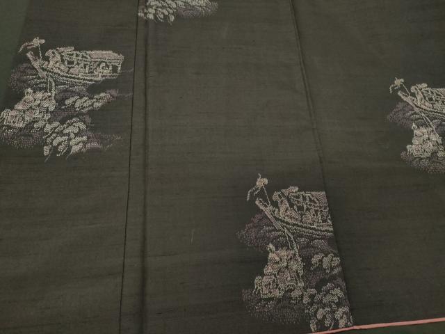 平和屋着物■上質な紬　風景文　黒地　正絹　逸品　未使用　CABC4215oy