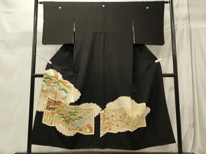 平和屋着物■豪華黒留袖　駒刺繍　屏風群鶴松文　金彩　正絹　逸品　CABC4240oy