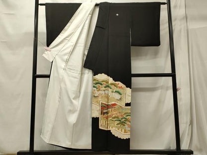 平和屋着物■豪華黒留袖　駒刺繍　屏風群鶴松文　金彩　正絹　逸品　CABC4240oy