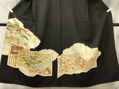 平和屋着物■豪華黒留袖　駒刺繍　屏風群鶴松文　金彩　正絹　逸品　CABC4240oy