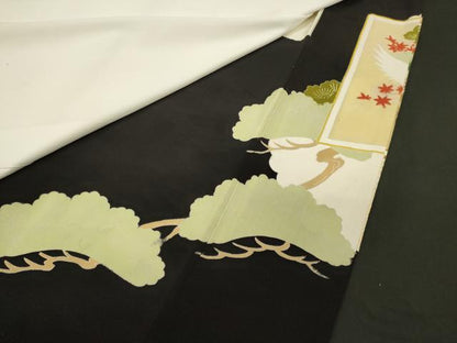 平和屋着物■豪華黒留袖　駒刺繍　屏風群鶴松文　金彩　正絹　逸品　CABC4240oy