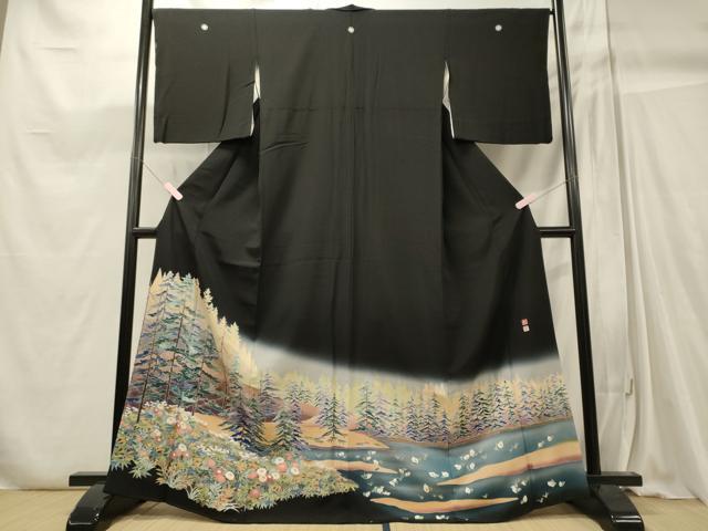 平和屋着物■豪華黒留袖　草花樹林文　暈し染め　正絹　逸品　CABC4253oy