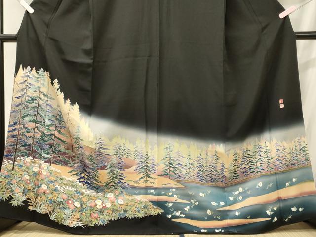 平和屋着物■豪華黒留袖　草花樹林文　暈し染め　正絹　逸品　CABC4253oy