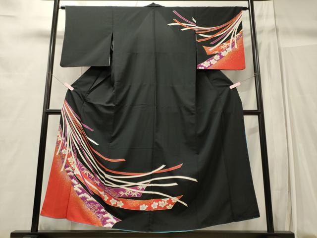 平和屋着物■訪問着 短冊青海波文 松竹梅 黒地 金銀彩 洗える着物 CABC4287oy