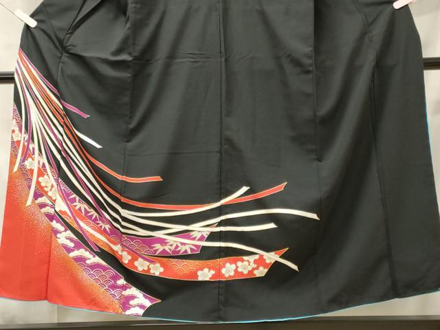 平和屋着物■訪問着 短冊青海波文 松竹梅 黒地 金銀彩 洗える着物 CABC4287oy