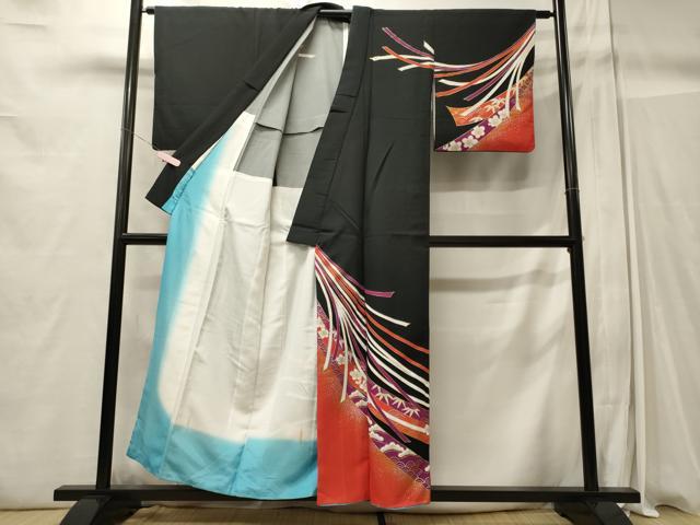 平和屋着物■訪問着 短冊青海波文 松竹梅 黒地 金銀彩 洗える着物 CABC4287oy