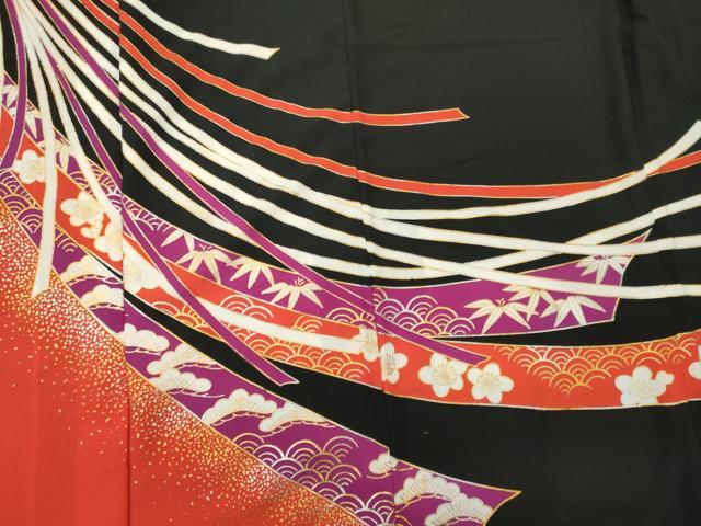 平和屋着物■訪問着 短冊青海波文 松竹梅 黒地 金銀彩 洗える着物 CABC4287oy