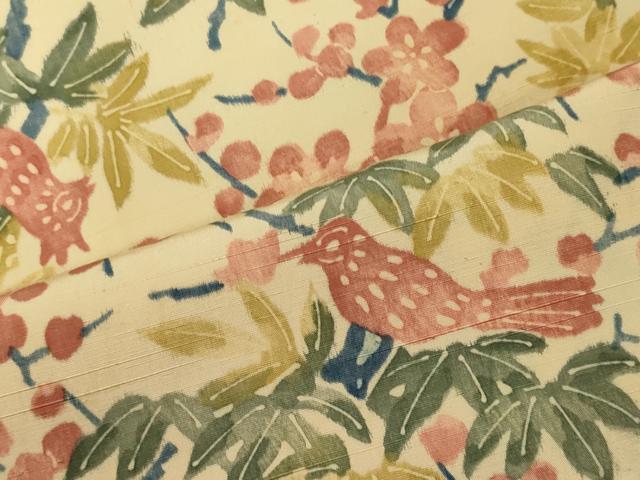 平和屋着物■上質な紬　手描き　休み鳥枝花文　正絹　逸品　CABC4331oy