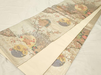 平和屋着物▼六通柄袋帯　ふくれ織　流水草花丸文　金銀糸　正絹　逸品　CABC4403dy