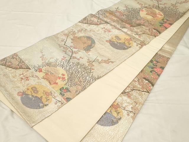 平和屋着物▼六通柄袋帯　ふくれ織　流水草花丸文　金銀糸　正絹　逸品　CABC4403dy