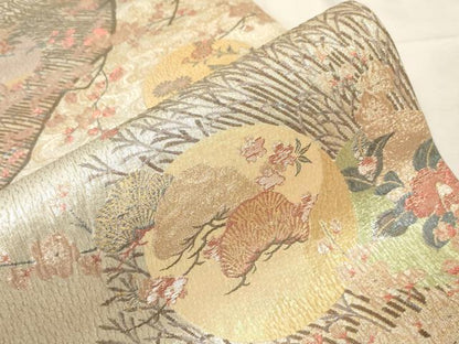 平和屋着物▼六通柄袋帯　ふくれ織　流水草花丸文　金銀糸　正絹　逸品　CABC4403dy