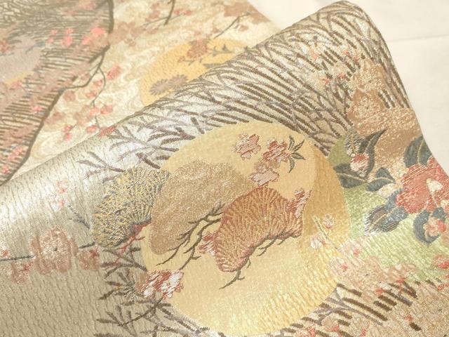 平和屋着物▼六通柄袋帯　ふくれ織　流水草花丸文　金銀糸　正絹　逸品　CABC4403dy