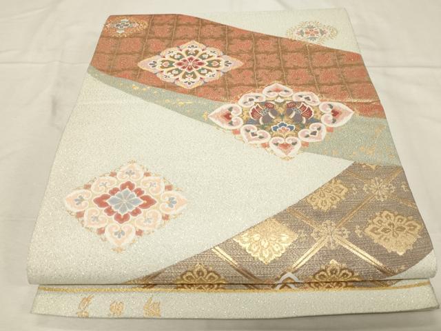 平和屋着物▼箔絲綴 六通柄袋帯 向かい鳥正倉院花文 金銀糸 正絹 逸品 CABC4469dy