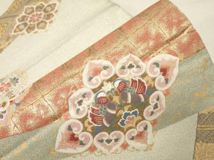 平和屋着物▼箔絲綴 六通柄袋帯 向かい鳥正倉院花文 金銀糸 正絹 逸品 CABC4469dy