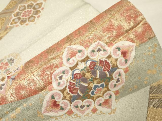 平和屋着物▼箔絲綴 六通柄袋帯 向かい鳥正倉院花文 金銀糸 正絹 逸品 CABC4469dy