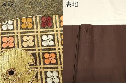 平和屋着物▼太鼓柄袋帯 駒刺繍 総刺繍 扇面吉祥文 金糸 引箔 正絹 逸品 CABC4494dy