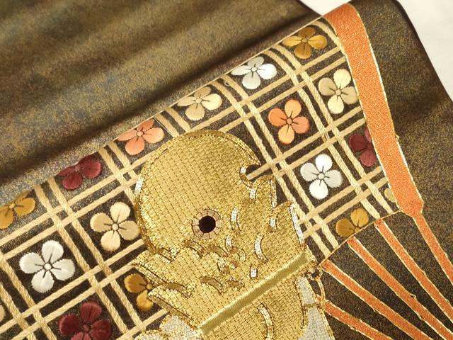 平和屋着物▼太鼓柄袋帯 駒刺繍 総刺繍 扇面吉祥文 金糸 引箔 正絹 逸品 CABC4494dy
