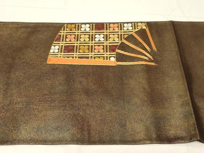 平和屋着物▼太鼓柄袋帯 駒刺繍 総刺繍 扇面吉祥文 金糸 引箔 正絹 逸品 CABC4494dy