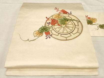 平和屋着物▼九寸名古屋帯 総刺繍 片輪車草花文 金糸 正絹 逸品 CABC4528dy