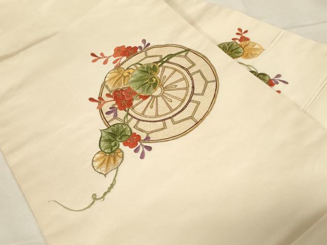 平和屋着物▼九寸名古屋帯 総刺繍 片輪車草花文 金糸 正絹 逸品 CABC4528dy