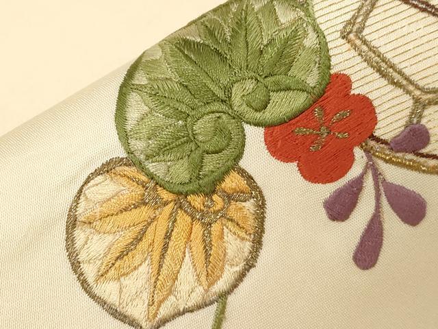 平和屋着物▼九寸名古屋帯 総刺繍 片輪車草花文 金糸 正絹 逸品 CABC4528dy