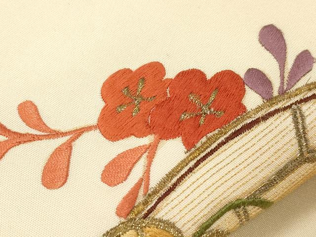平和屋着物▼九寸名古屋帯 総刺繍 片輪車草花文 金糸 正絹 逸品 CABC4528dy