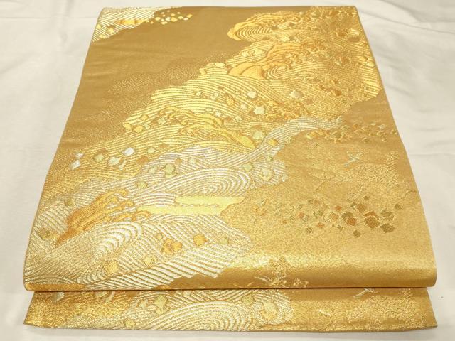 平和屋着物▼六通柄袋帯 立波箔散らし文 金糸 正絹 逸品 CABC4541dy