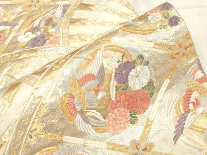 平和屋着物▼六通柄袋帯 唐織 御所車取鳳凰文 金銀糸 正絹 逸品 CABC4571dy