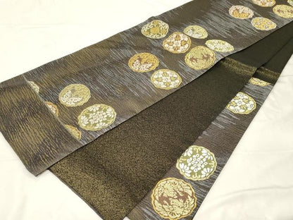 平和屋着物●西陣 中村源織物謹製 六通柄袋帯 花蝶 向い鳥丸文 金糸 証紙付き 正絹 逸品 未使用 CABC4644dy