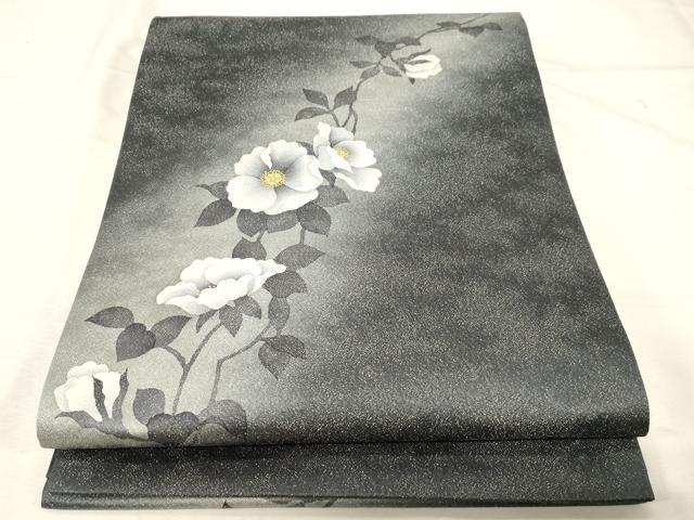 平和屋着物●京都の名門ブランド 銀花仙 太鼓柄袋帯 草花文 銀通し地 正絹 逸品 未使用 CABC4654dy