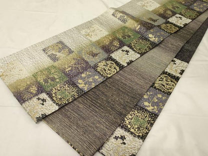 平和屋着物●両面 六通柄袋帯 本泥染 市松草花文 金糸 正絹 逸品 CABC4666dy