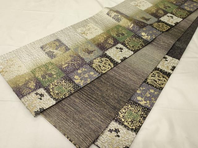 平和屋着物●両面 六通柄袋帯 本泥染 市松草花文 金糸 正絹 逸品 CABC4666dy
