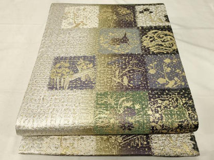 平和屋着物●両面 六通柄袋帯 本泥染 市松草花文 金糸 正絹 逸品 CABC4666dy