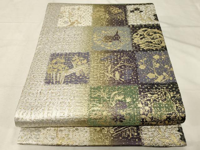 平和屋着物●両面 六通柄袋帯 本泥染 市松草花文 金糸 正絹 逸品 CABC4666dy