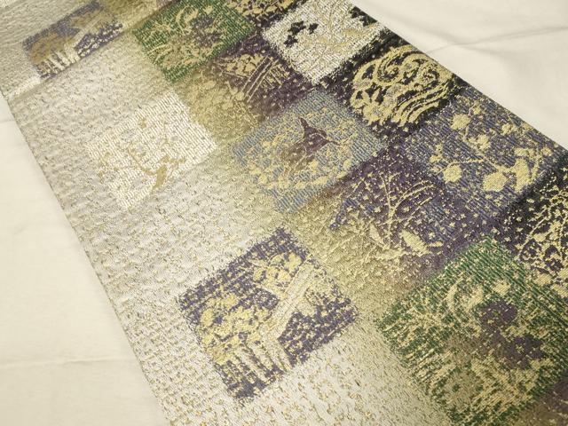 平和屋着物●両面 六通柄袋帯 本泥染 市松草花文 金糸 正絹 逸品 CABC4666dy