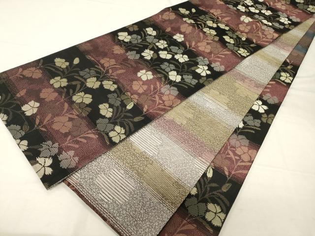 平和屋着物●両面 六通柄袋帯 横段草花文 金糸 正絹 逸品 CABC4668dy