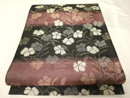 平和屋着物●両面 六通柄袋帯 横段草花文 金糸 正絹 逸品 CABC4668dy