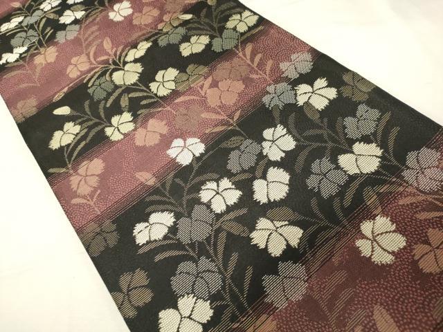 平和屋着物●両面 六通柄袋帯 横段草花文 金糸 正絹 逸品 CABC4668dy