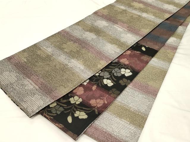 平和屋着物●両面 六通柄袋帯 横段草花文 金糸 正絹 逸品 CABC4668dy