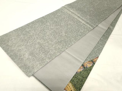 平和屋着物●太鼓柄袋帯 リボン織 切嵌幾何学文 銀通し地 正絹 逸品 CABC4681dy